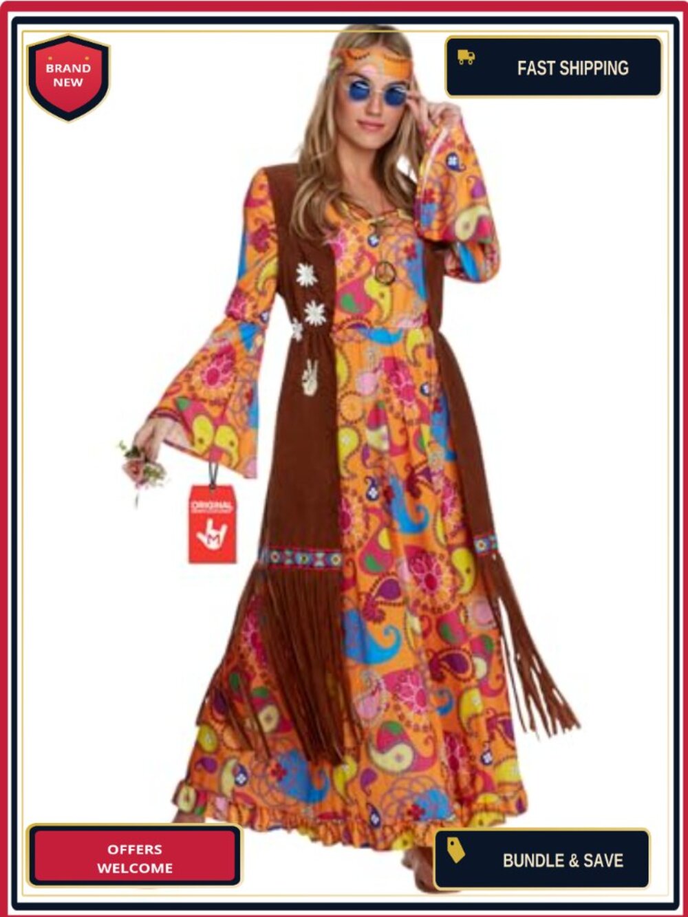 Hippie Costume Women Maxi Dress Vest Headband 70s Outfit